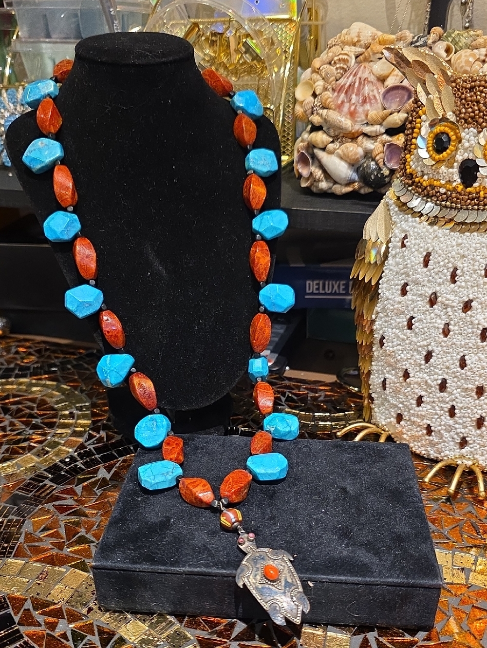 Turquoise & Coral Bead Statement Necklace with Silver Pendant